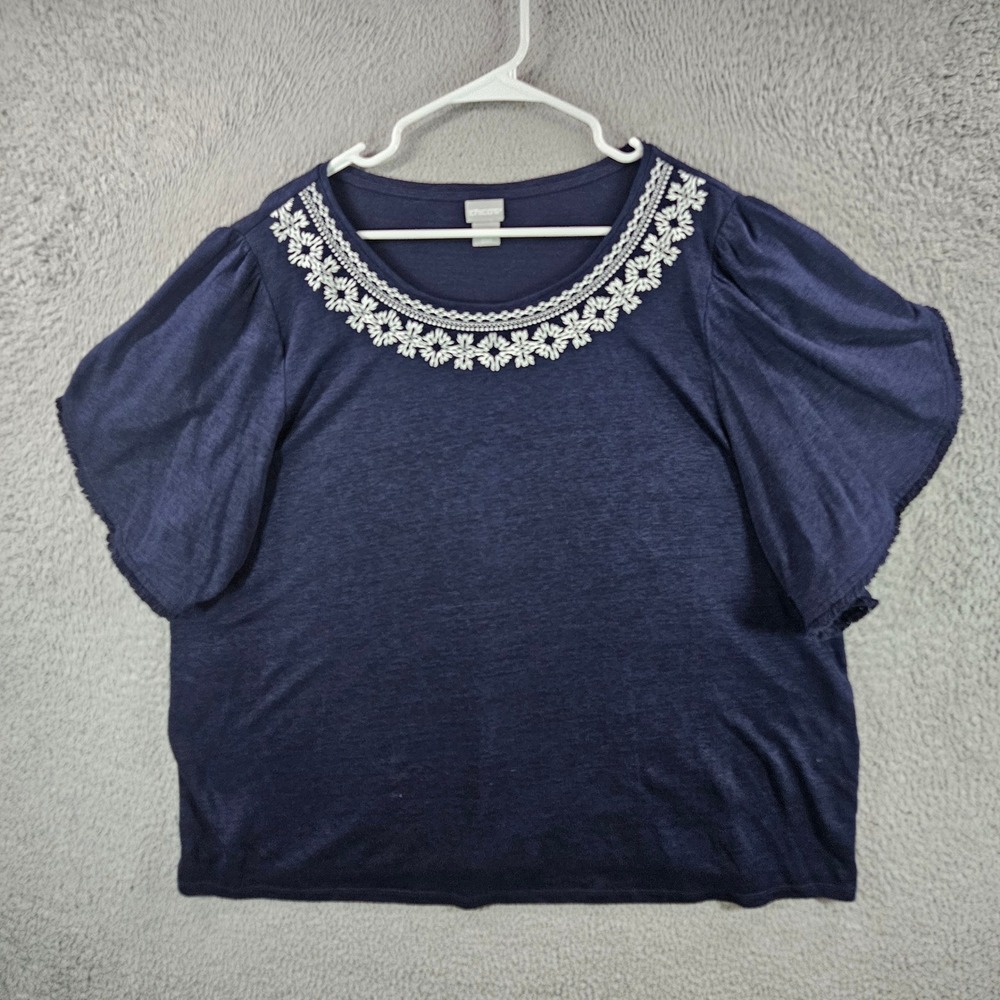 Chicos Linen Embroidered Neckline Flutter Sleeve Top Navy Blue Size‎ 4 XXL